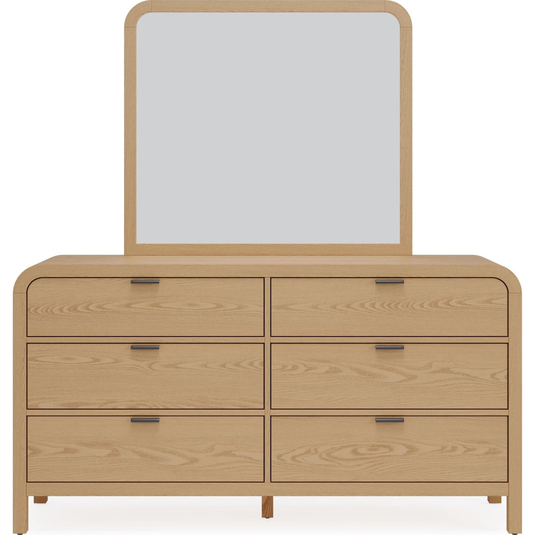 Drake Wall or Dresser Mirror in Timber — on a white background, mounted on the matching dresser (sold separately)