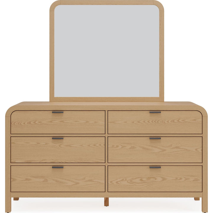 Drake Wall or Dresser Mirror in Timber — on a white background, mounted on the matching dresser (sold separately)