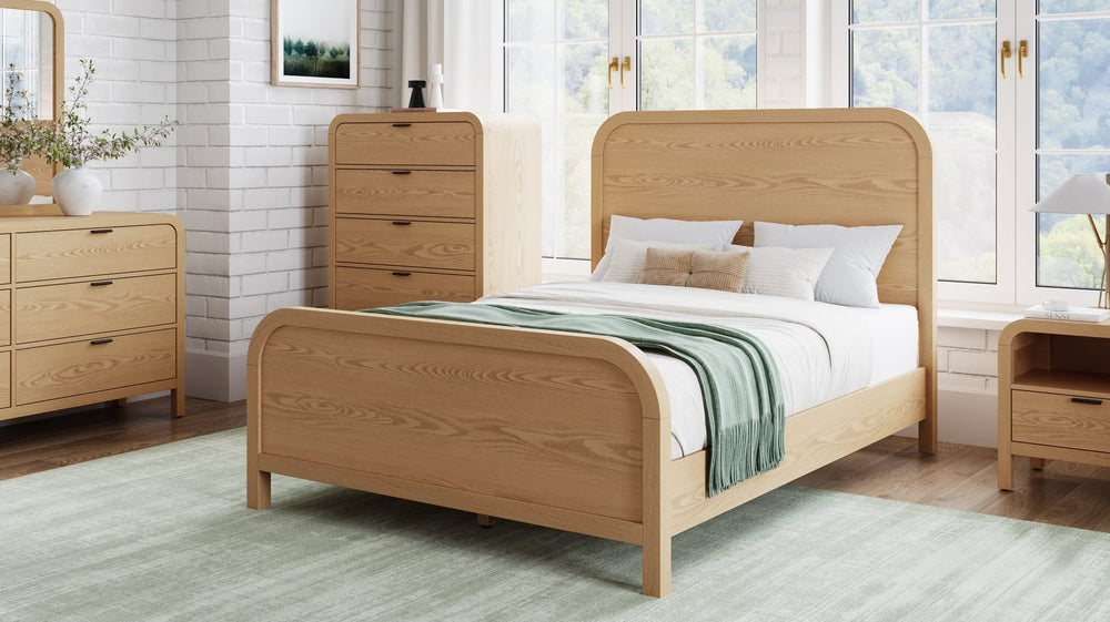 Drake Wood Platform Bed in Timber styled in a bedroom