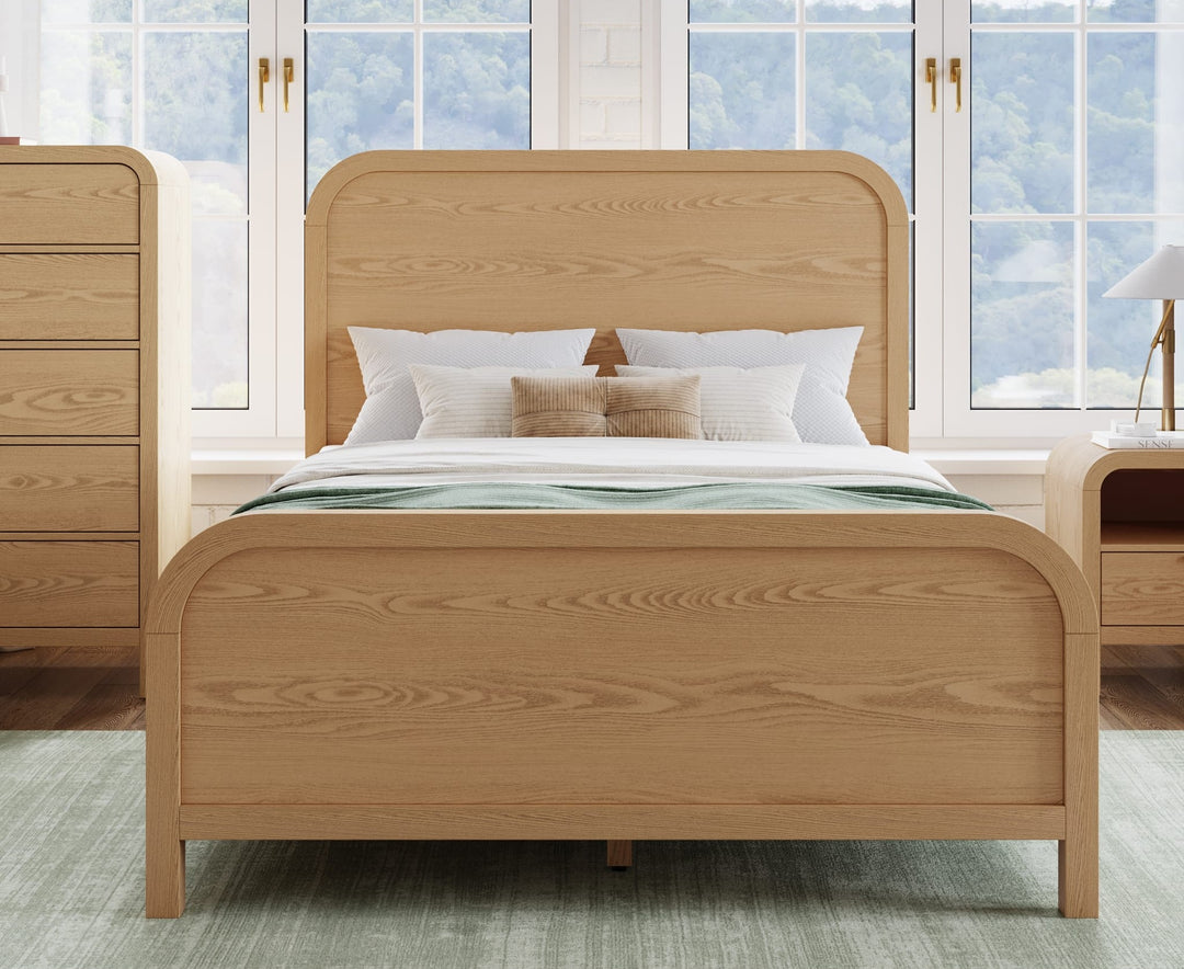 Drake Wood Platform Bed in Timber styled in a bedroom