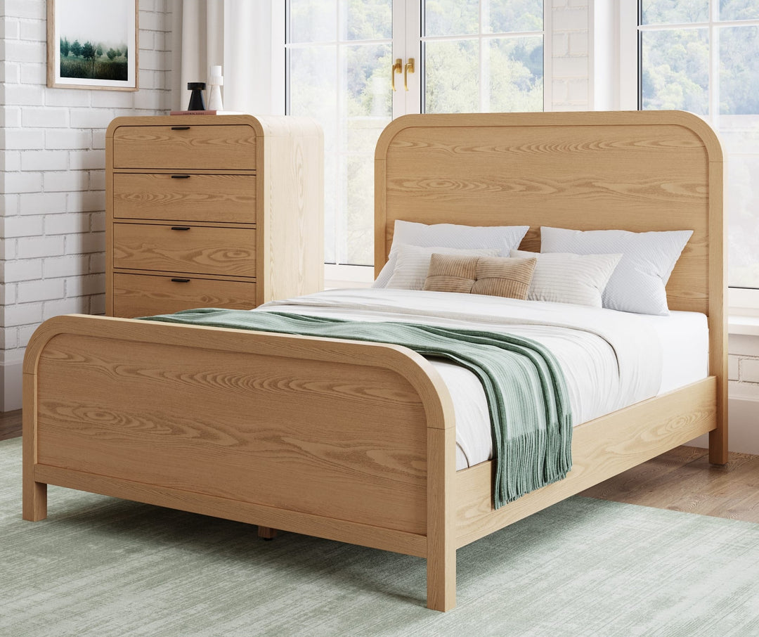 Drake Wood Platform Bed in Timber styled in a bedroom