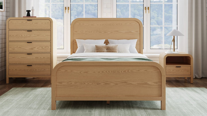 Drake Wood Platform Bed in Timber styled in a bedroom