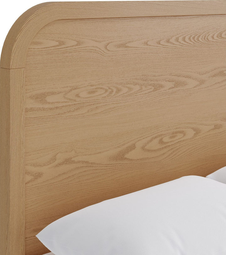 Drake Wood Platform Bed in Timber — close-up of the headboard