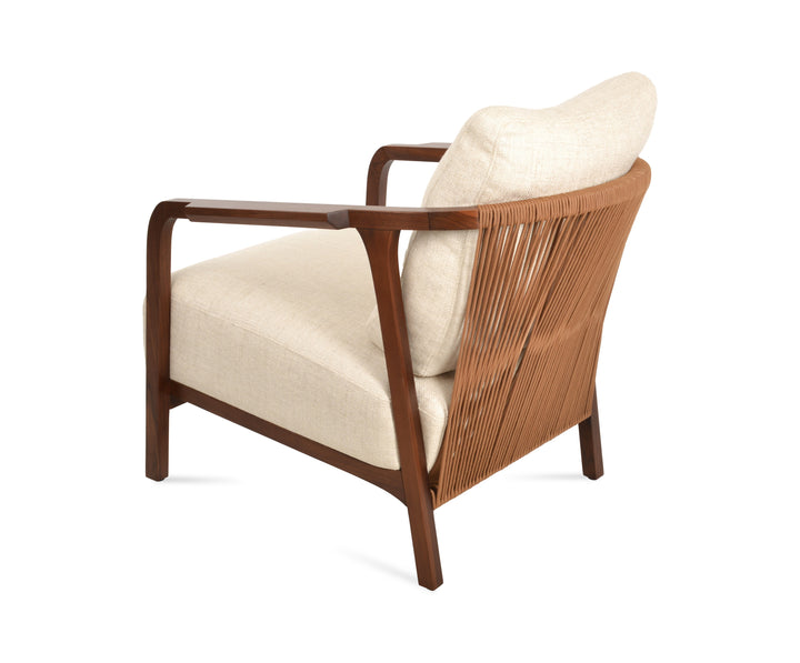 Drops Lounge Armchair — beige fabric, solid ash walnut frame with acrylic rope back