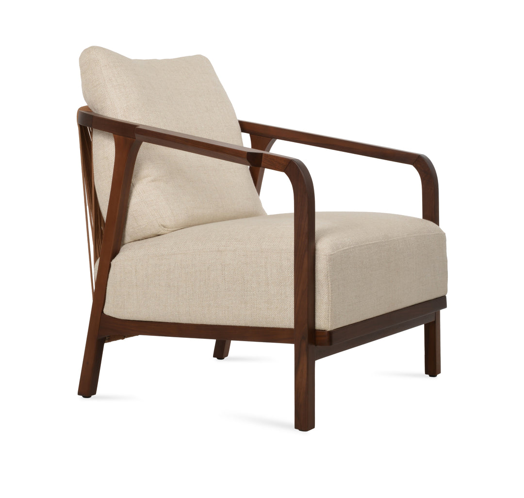 Drops Lounge Armchair — beige fabric, solid ash walnut frame with acrylic rope back