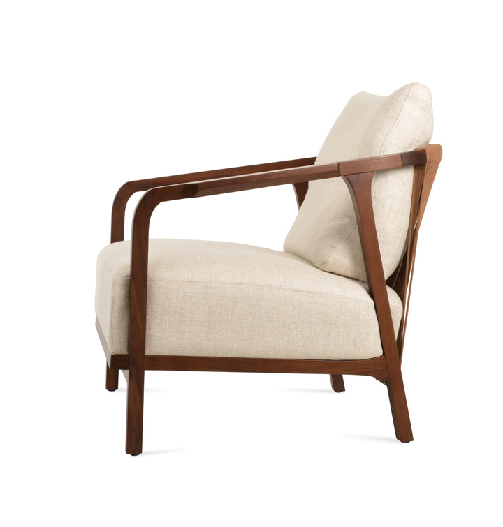 Drops Lounge Armchair — beige fabric, solid ash walnut frame with acrylic rope back