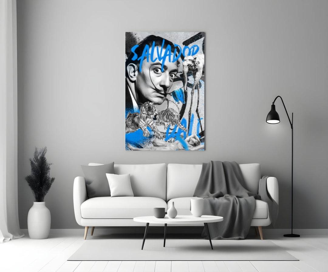 Dali close-up showing curling moustache, leaping tigers and long-legged elephant