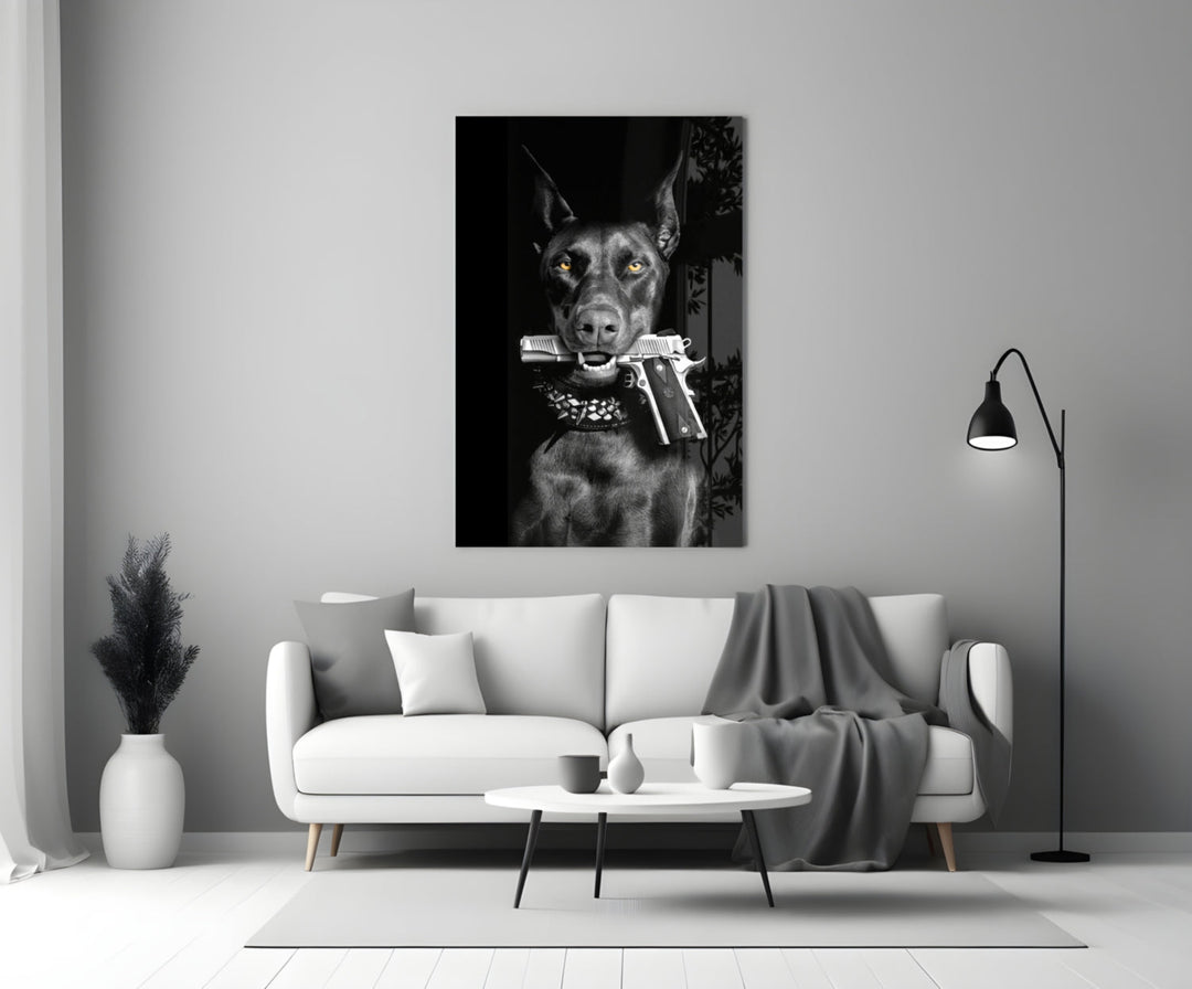Gun Dog glass wall art styled above a console in a study