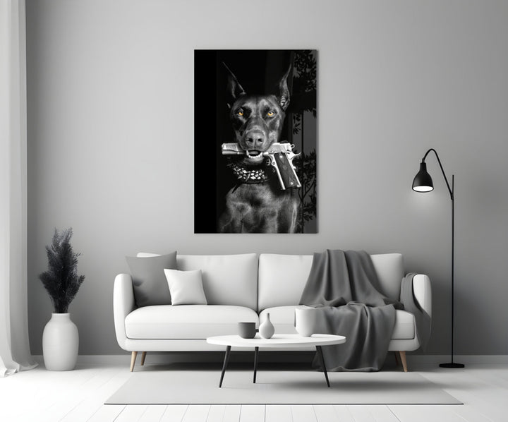 Gun Dog glass wall art styled above a console in a study