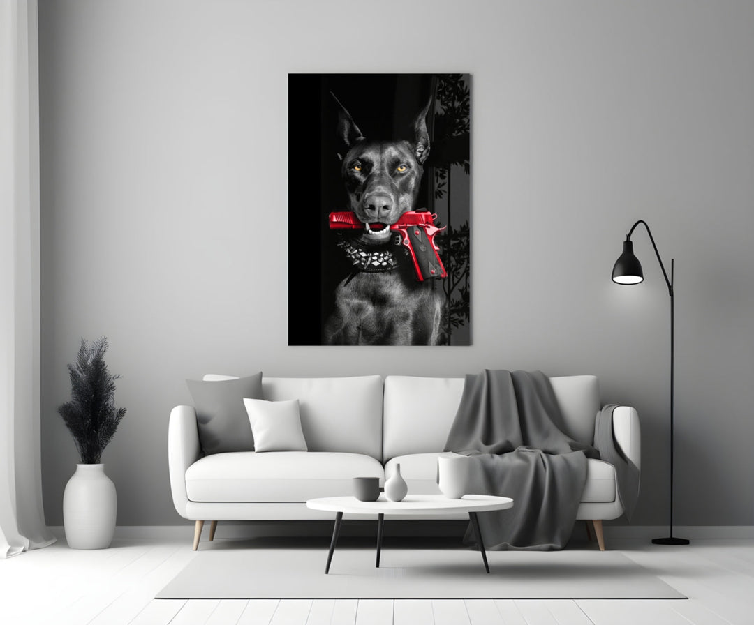 Gun Dog glass wall art styled above a console in a study