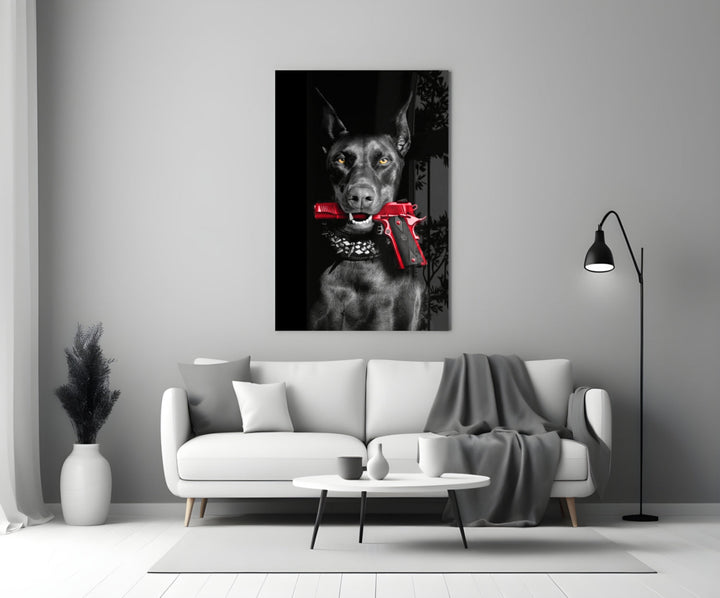 Gun Dog glass wall art styled above a console in a study