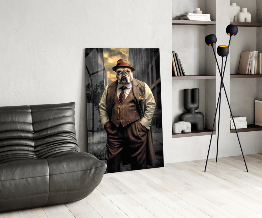 Bulldog in a Suit glass print enhancing a den with quirky firepower