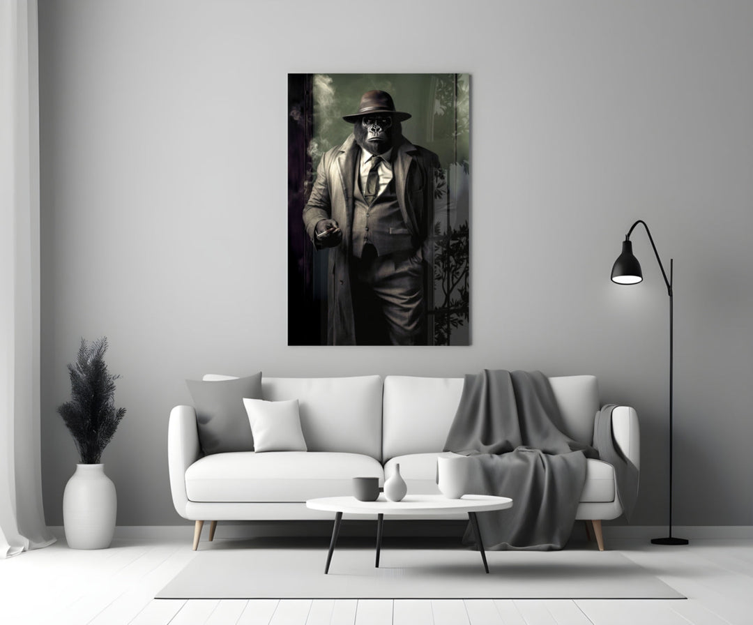 Mr Inspector glass wall art styled above a console in a man cave