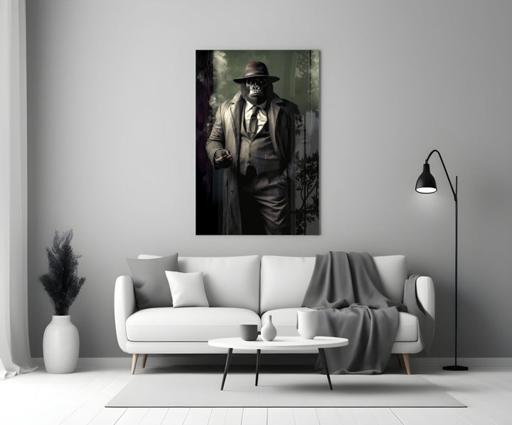 Mr Inspector glass wall art styled above a console in a man cave