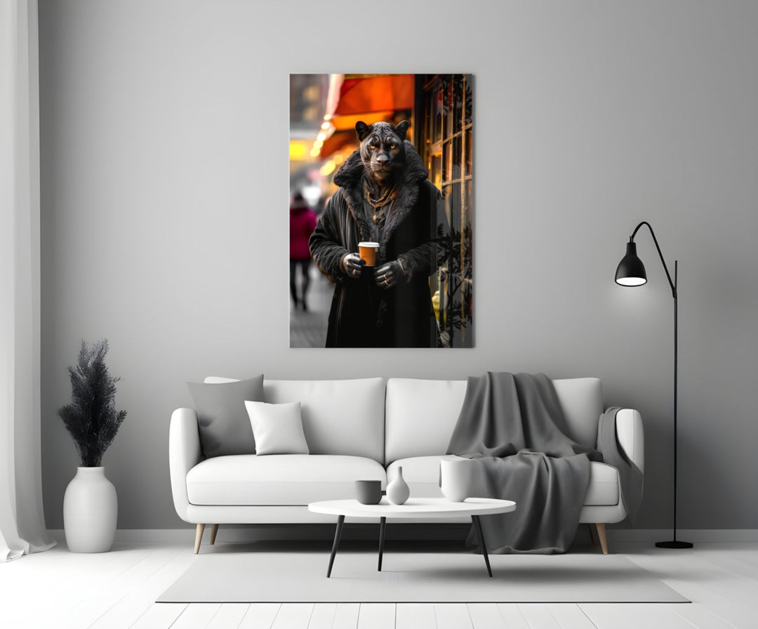Java the Leopard glass wall art styled above a console in a study