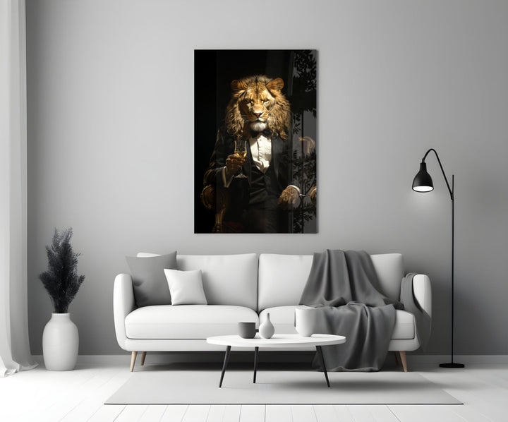 Gentleman glass wall art styled above a console in a home bar
