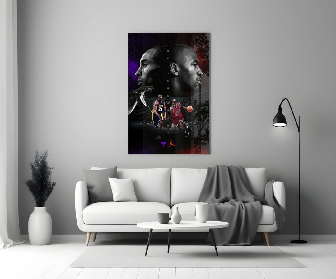 Bryant vs Jordan glass wall art styled above a console in a media room