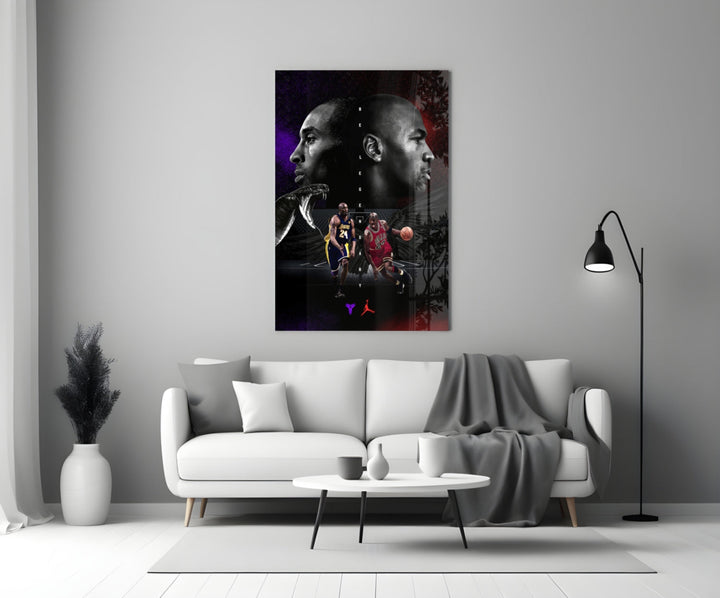 Bryant vs Jordan glass wall art styled above a console in a media room
