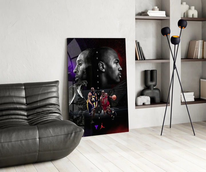 Bryant vs Jordan glass print enhancing a den with basketball firepower