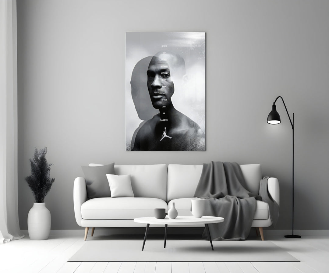 Jordan glass wall art styled above a console in a media room