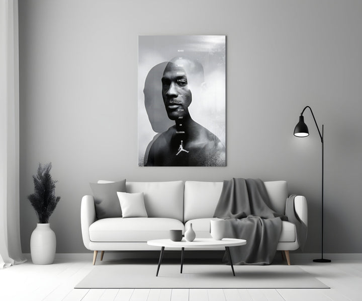 Jordan glass wall art styled above a console in a media room