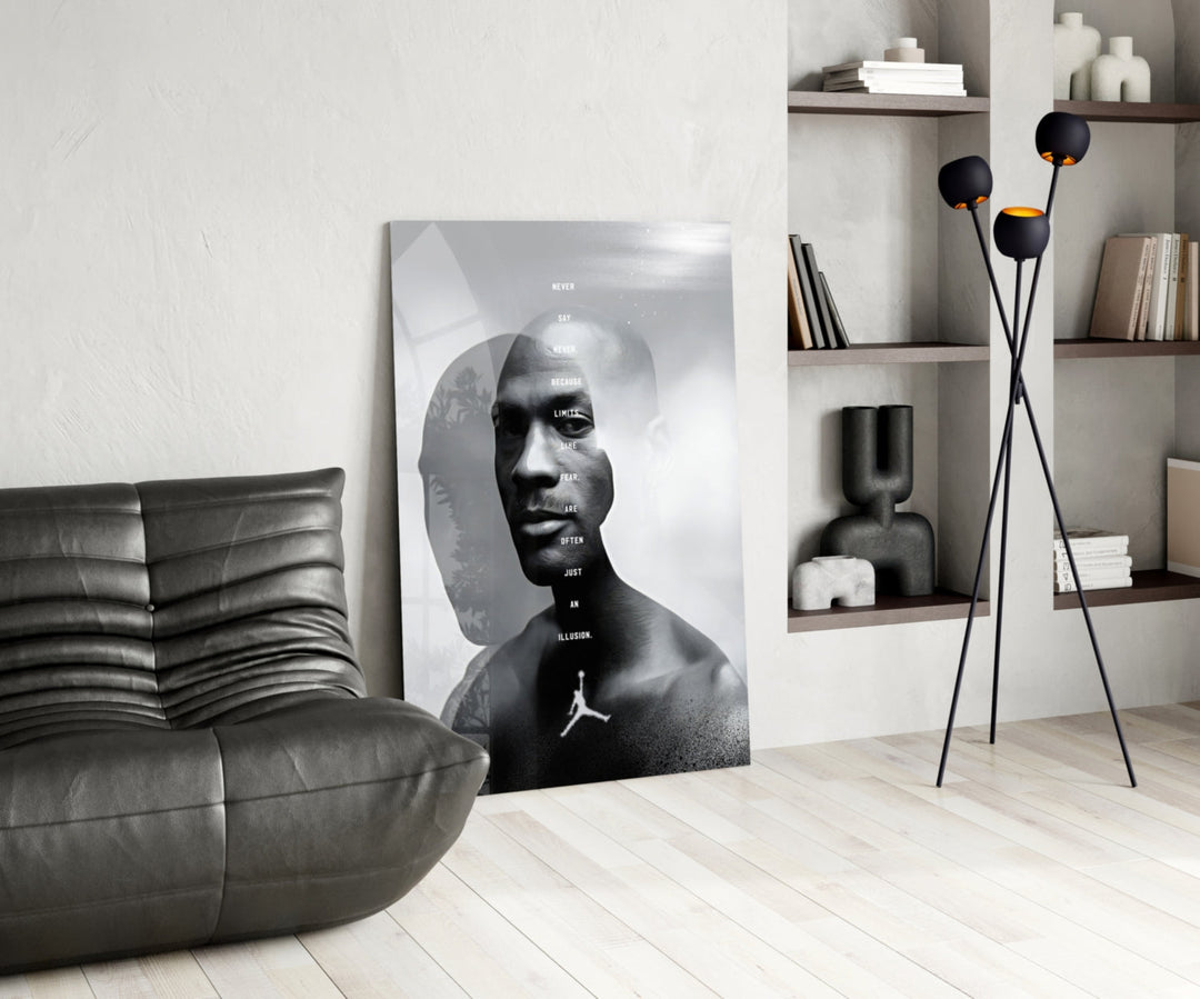 Jordan glass print enhancing a den with basketball firepower