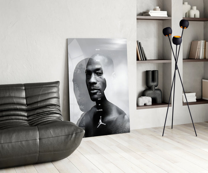 Jordan glass print enhancing a den with basketball firepower