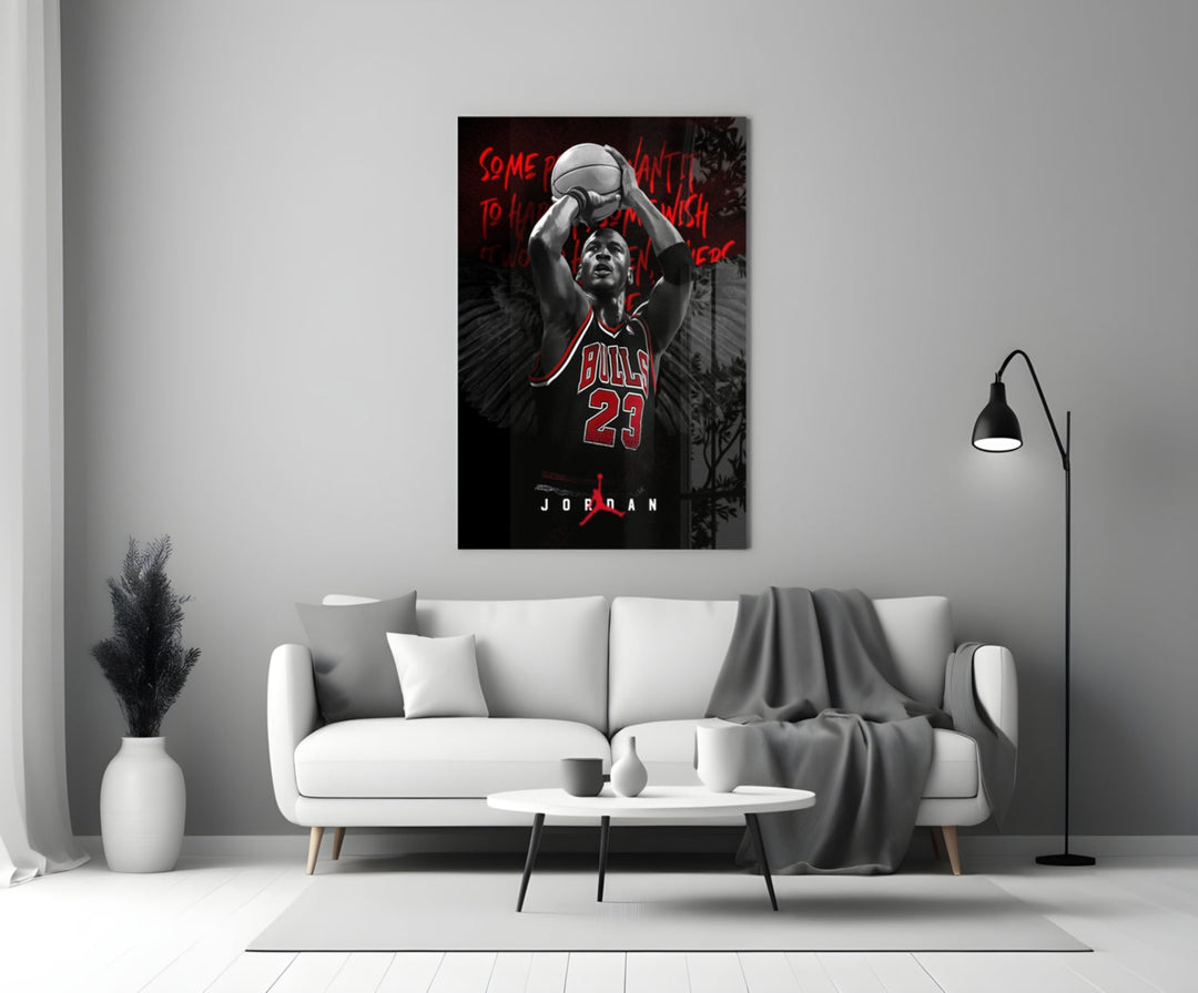Jordan glass wall art styled above a console in a media room