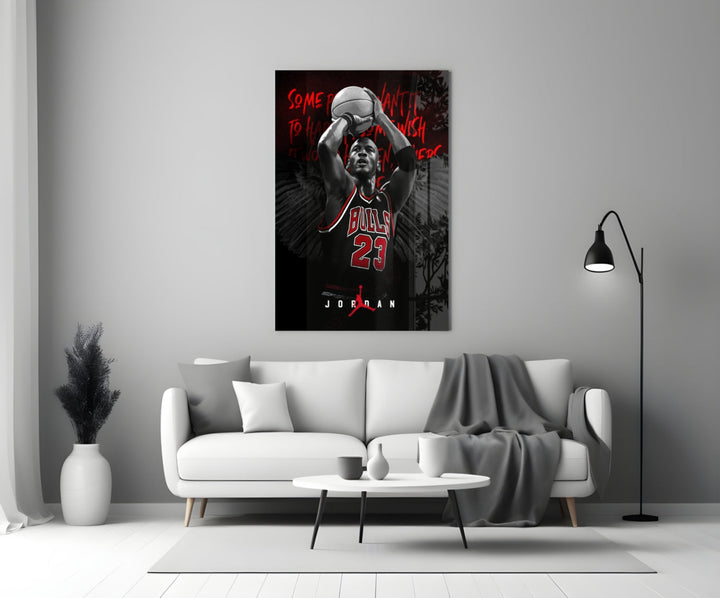 Jordan glass wall art styled above a console in a media room
