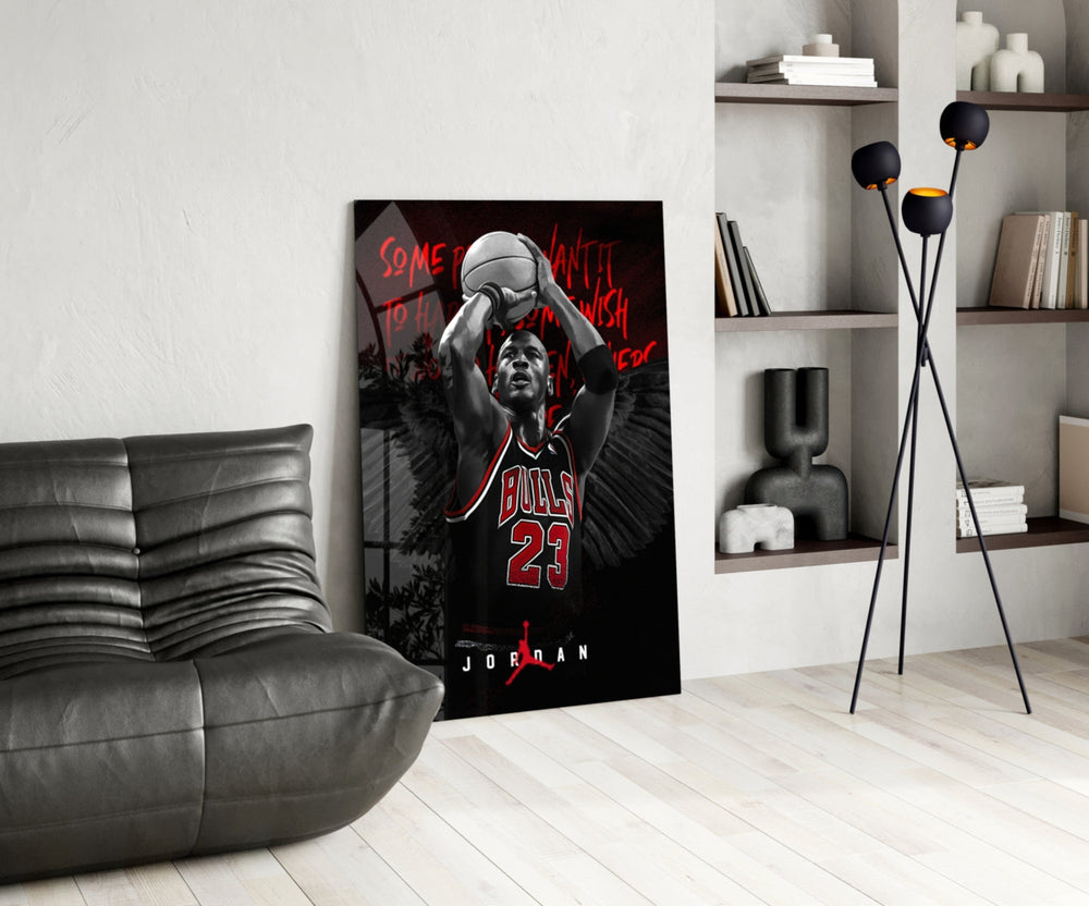 Jordan glass print enhancing a den with basketball firepower
