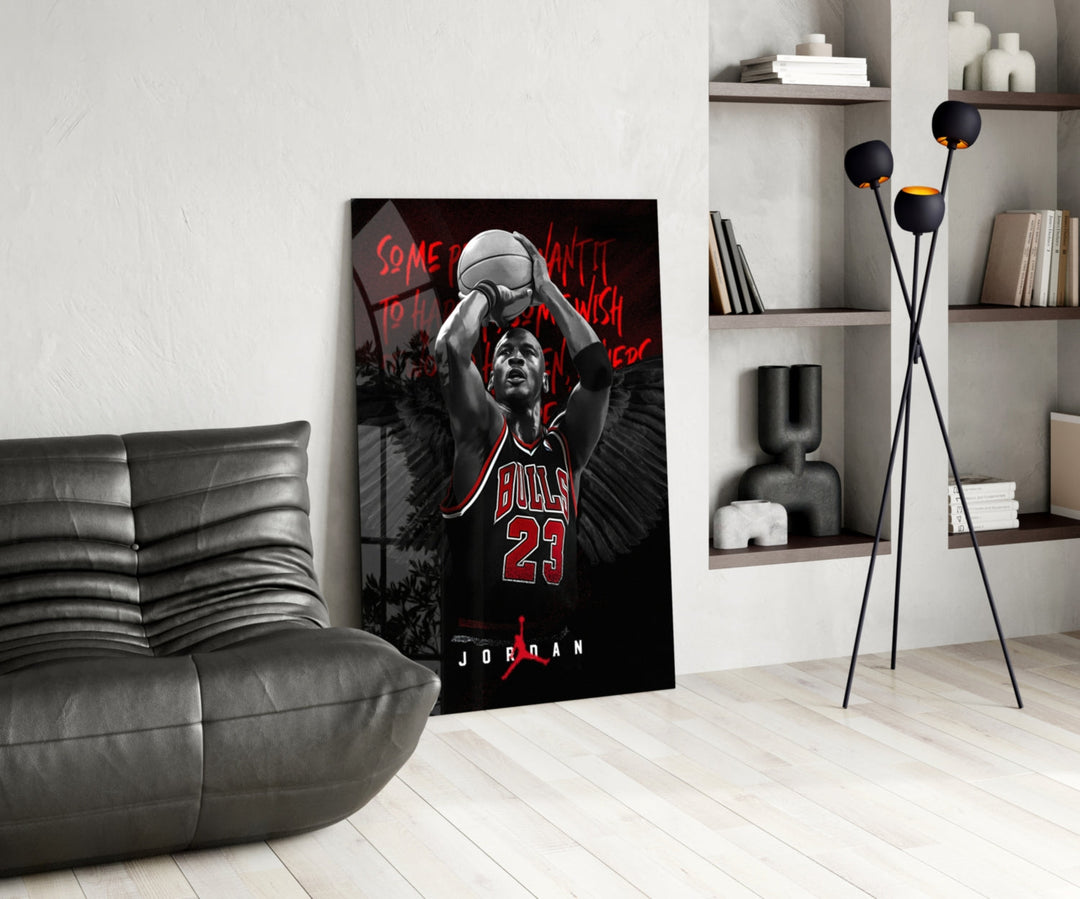 Jordan glass print enhancing a den with basketball firepower