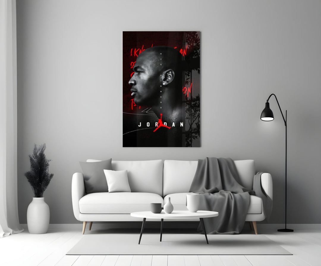 Jordan glass wall art styled above a console in a media room