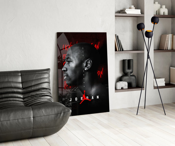 Jordan glass print enhancing a den with basketball firepower