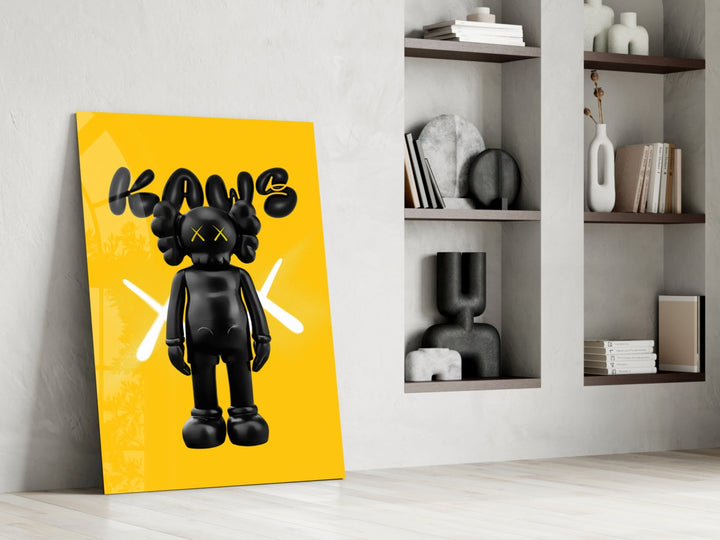 Companion-figure artwork anchoring a wall with onyx-and-canary palette