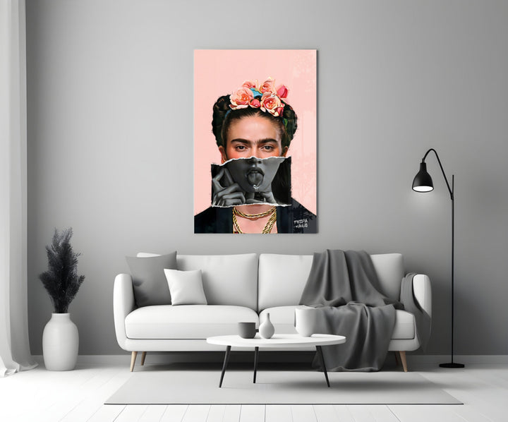 Contemporary Kahlo glass wall art styled above a console in a powder room