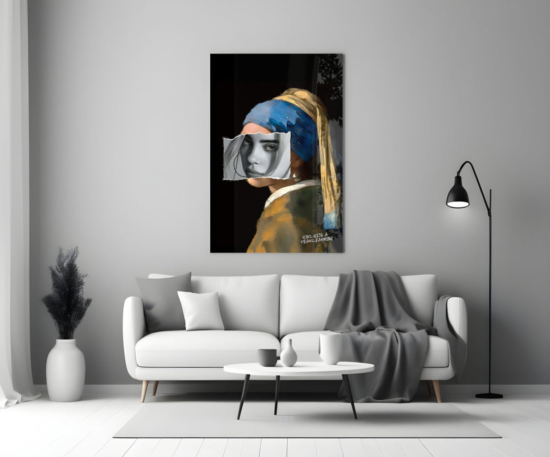 Contemporary Girl with a Pearl Earring glass wall art styled above a sideboard in a powder room