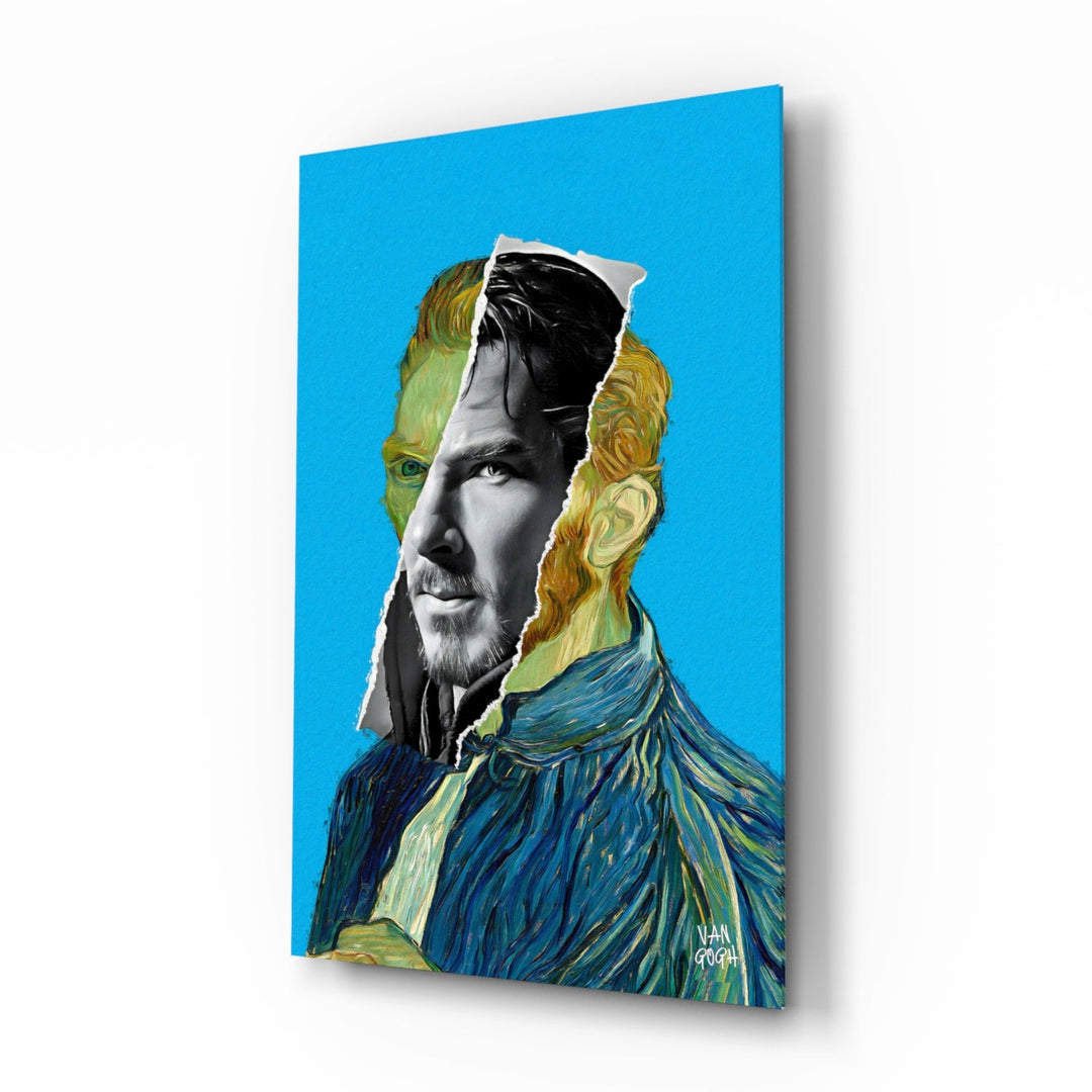 Pop-art-remix panel bringing cobalt glow to a designer studio