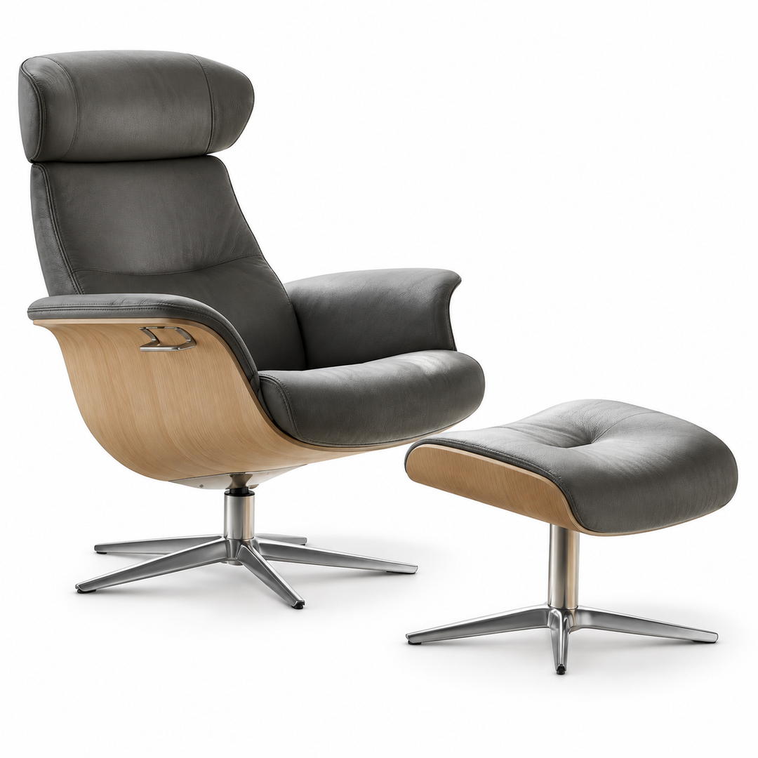 Timeout Recliner + Footstool – Charcoal Leather/Oak Conform