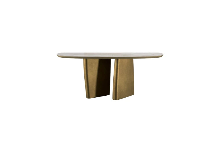 Eforma Albert console with a pale ceramic top and rounded bronze-finish legs, shown on white