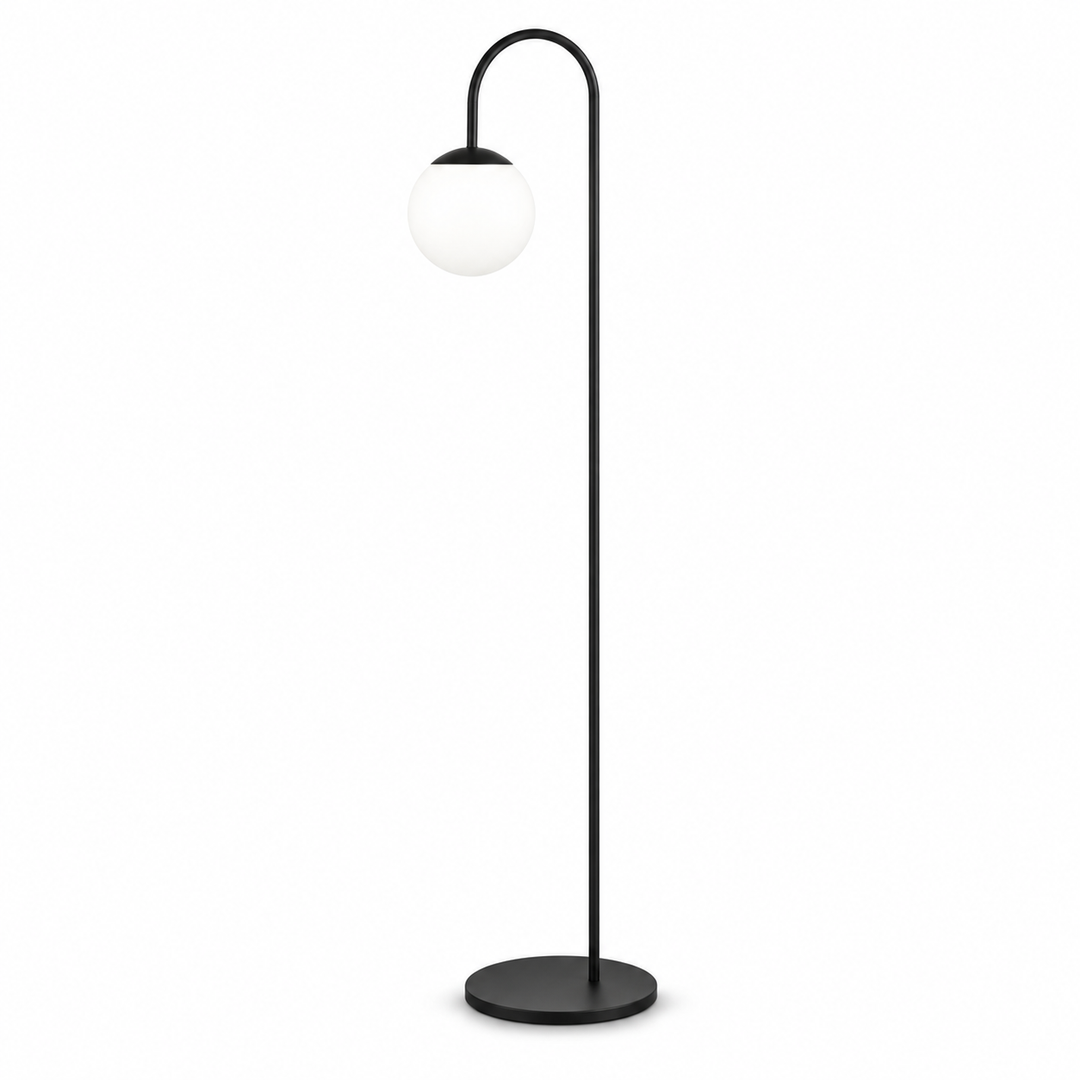 Eforma Decor floor lamp with a black curved metal frame and white glass globe, shown on white