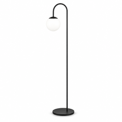 Eforma Decor floor lamp with a black curved metal frame and white glass globe, shown on white