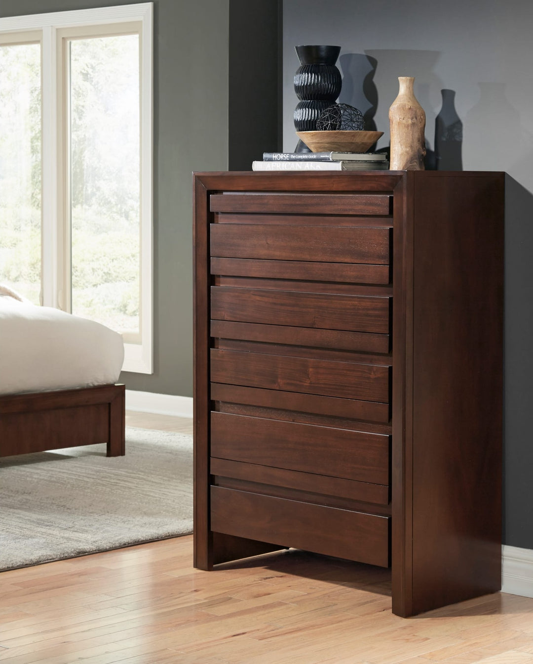 Element Five Drawer Chest in Chocolate Brown — styled in a room