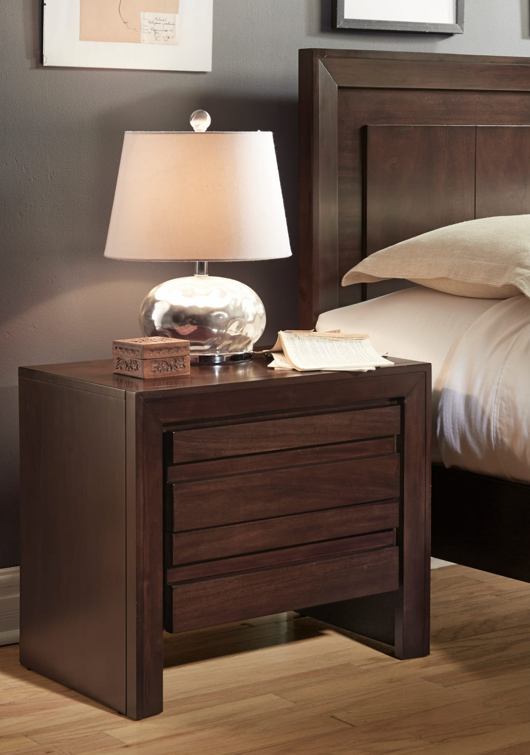 Element Nightstand in Chocolate Brown — in a bedroom setting