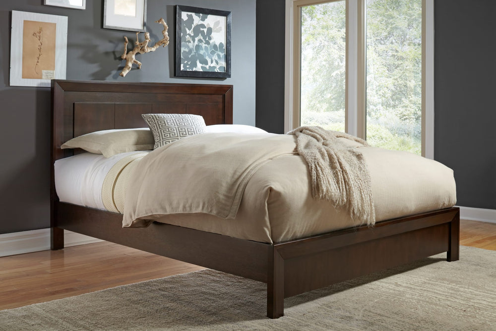 Element Wood Platform Bed in Chocolate Brown styled in a bedroom