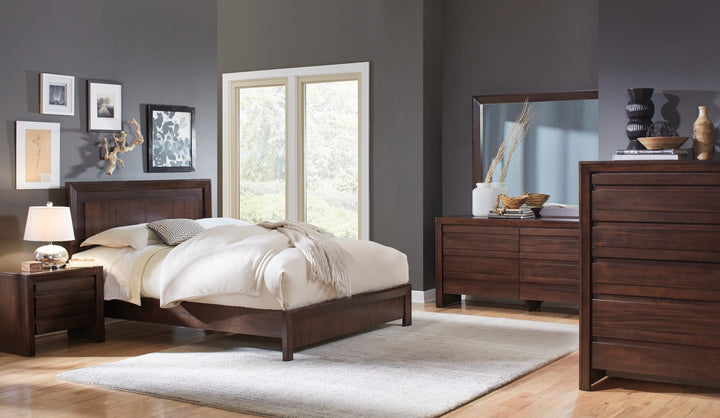 Element Wood Platform Bed in Chocolate Brown styled in a bedroom