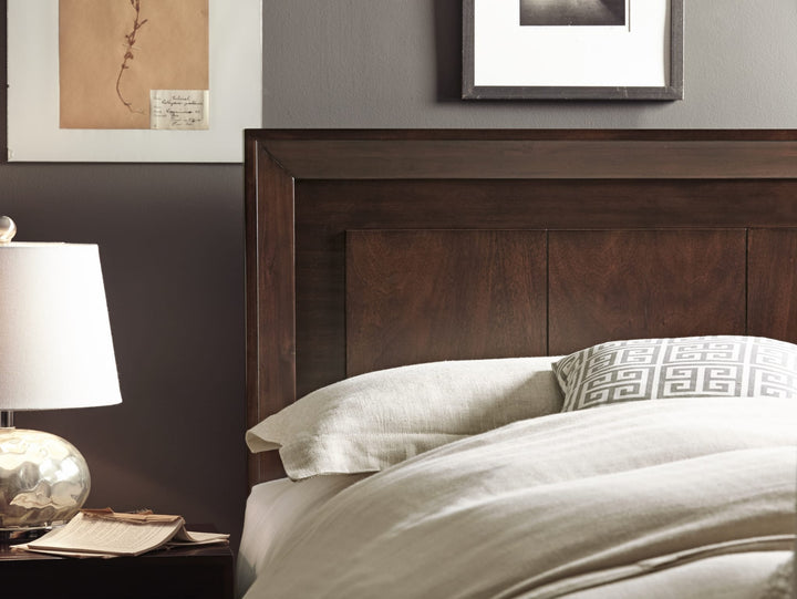 Element Wood Platform Bed in Chocolate Brown styled in a bedroom