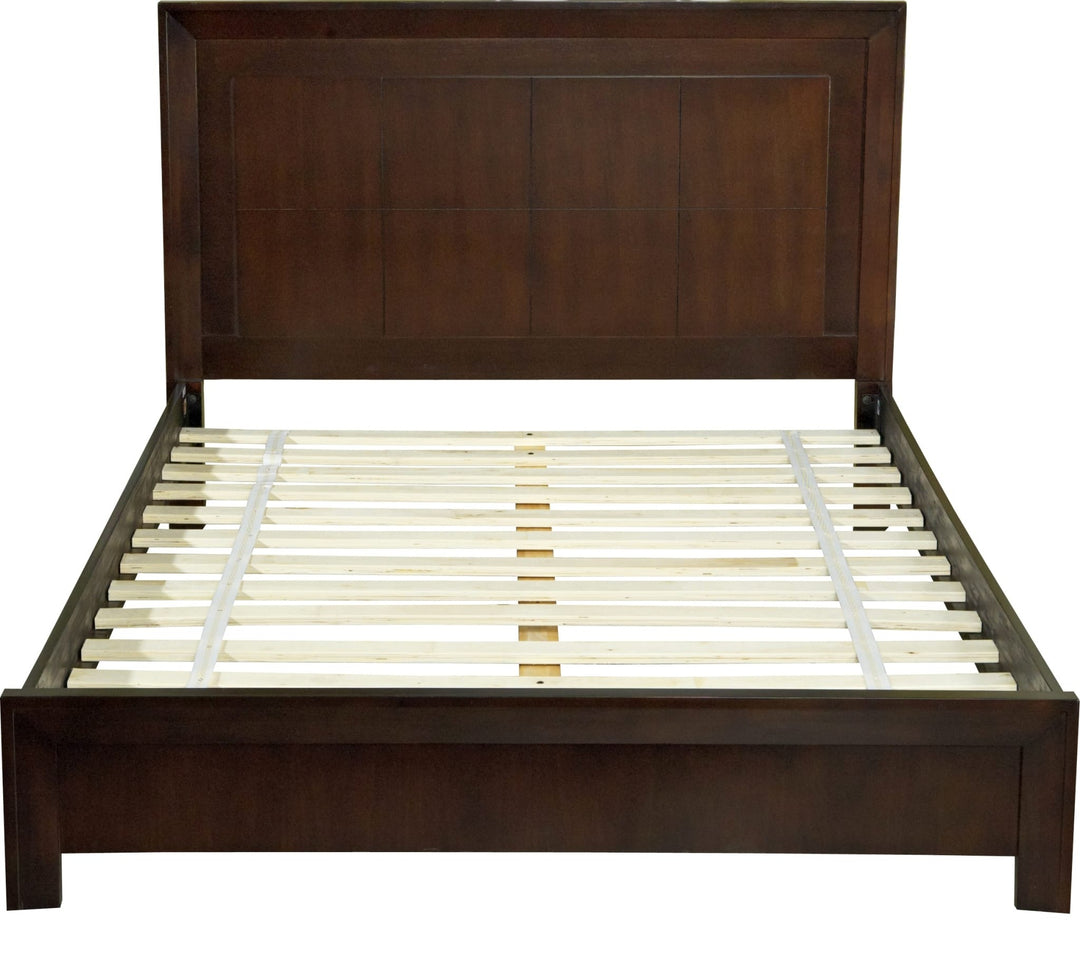 Element Wood Platform Bed in Chocolate Brown — angled view without mattress, showing slat platform