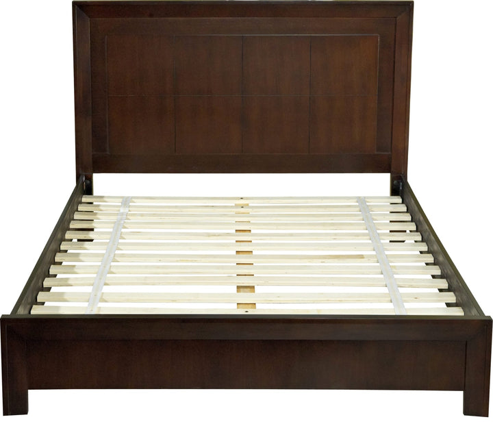 Element Wood Platform Bed in Chocolate Brown — angled view without mattress, showing slat platform