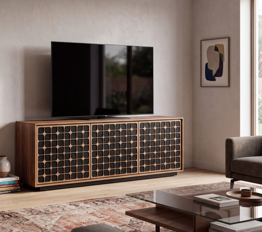 Elements 8702 Constellation Media Cabinet with Rolling Base lifestyle in Natural Walnut