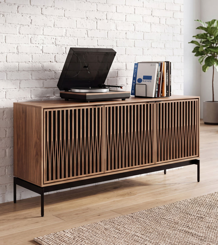 Elements 8707 Tune Media Cabinet with Console Base lifestyle in Natural Walnut